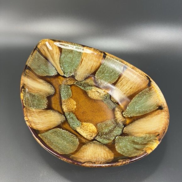 Dryden Pottery Teardrop Shape Dish Plate Centerpiece Brown Glazed Marked Vintage - Picture 11 of 16